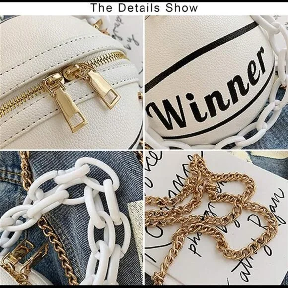 White Basketball Shaped Gold Chain Purse Crossbody Handbag - Picture 2 of 6